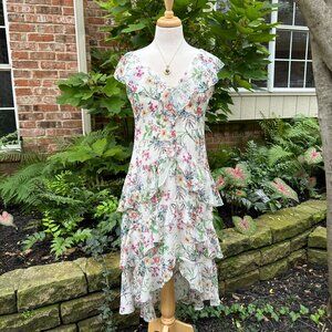 Hale Bob Ivory Floral Tiered High Lo Ruffle Midi Dress Sz S
